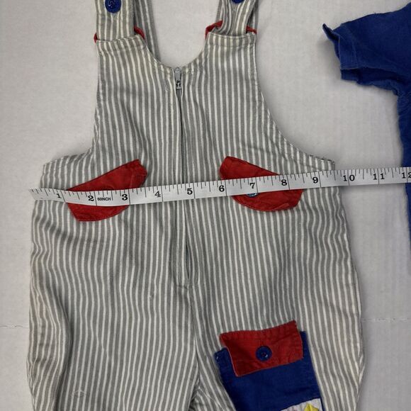 Vintage Happy Kids Gray Stipe Bib Overalls & Button Blue Shirt Size 3-6 Months - Picture 13 of 13